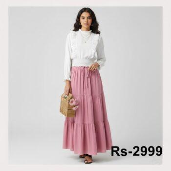 Two-Piece Magic – Fancy Top & Skirt color white top Pink skirt