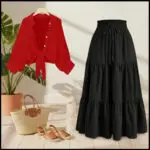 Button Down Shirt with a Long High-Waisted Skirt for Summer  shirt red skirt black