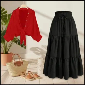 Button Down Shirt with a Long High-Waisted Skirt for Summer  shirt red skirt black