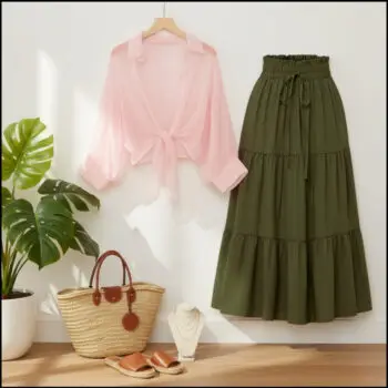 Button Down Shirt with a Long High-Waisted Skirt for Summer  shirt pink  skirt GReen