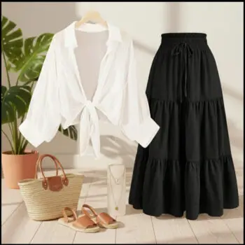 Button Down Shirt with a Long High-Waisted Skirt for Summer  shirt white  skirt black