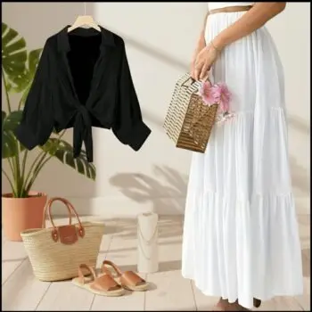 Button Down Shirt with a Long High-Waisted Skirt for Summer  shirt white  skirt black (Copy)