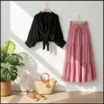 Button Down Shirt with a Long High-Waisted Skirt for Summer  shirt black   skirt  pink