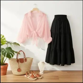 Button Down Shirt with a Long High-Waisted Skirt for Summer  shirt pink   skirt  black
