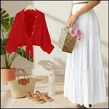 Button Down Shirt with a Long High-Waisted Skirt for Summer  shirt red   skirt  white
