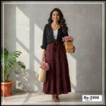 Button Down Shirt with a Long High-Waisted Skirt for Summer  shirt black skirt mehroon