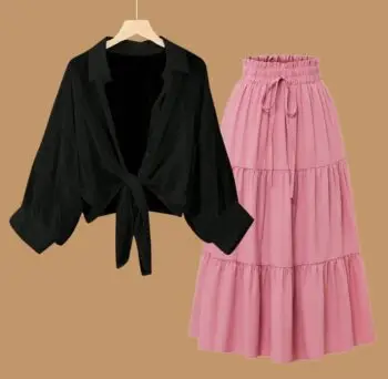 Button Down Shirt with a Long High-Waisted Skirt for Summer  shirt black skirt pink