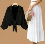 Button Down Shirt with a Long High-Waisted Skirt for Summer  shirt black skirt white
