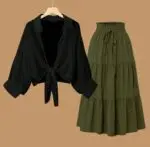 Button Down Shirt with a Long High-Waisted Skirt for Summer  shirt black skirt Green