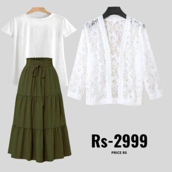 3-Piece Combo: Skirt, T-Shirt & Net Coat | Save on Sets