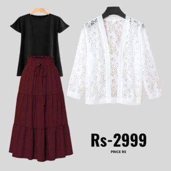 3-Piece Combo: Skirt, T-Shirt & Net Coat | Save on Sets