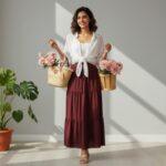 Button Down Shirt with a Long High-Waisted Skirt for Summer  shirt white skirt Mehroon