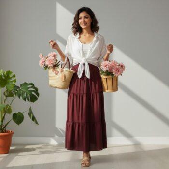 Button Down Shirt with a Long High-Waisted Skirt for Summer  shirt white skirt Mehroon
