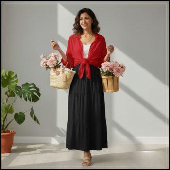 Button Down Shirt with a Long High-Waisted Skirt for Summer  shirt Red skirt Black