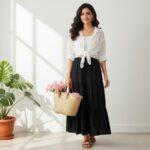 Button Down Shirt with a Long High-Waisted Skirt for Summer  shirt white skirt black