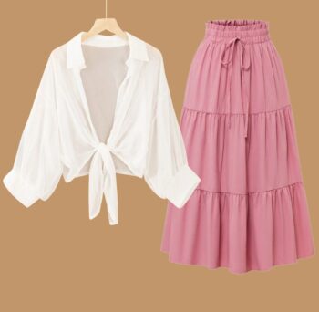 Button Down Shirt with a Long High-Waisted Skirt for Summer whtie shirt pink skirt
