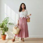 Button Down Shirt with a Long High-Waisted Skirt for Summer  shirt white skirt Mehroon