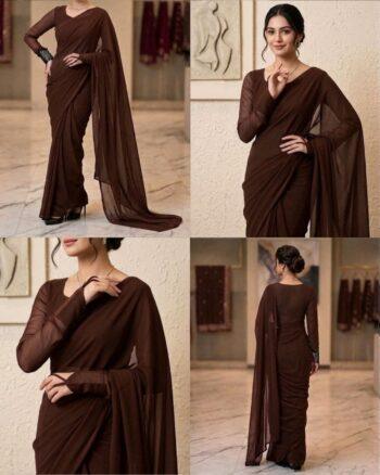 PLAIN CHIFFON SAREE  CHOCOLATE BROWN