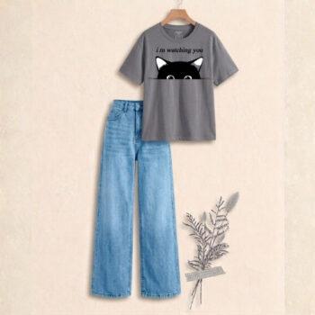 "Soft Grey watching   printed  & Crisp Sky blue : The Ultimate Wide-Leg Denim Set"