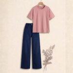 "Soft pink  & Crisp nave blue : The Ultimate Wide-Leg Denim Set"