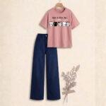 "Soft pink have a nice printed  & Crisp nave blue : The Ultimate Wide-Leg Denim Set"