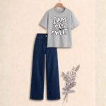 "Soft Gray have a nice printed  & Crisp nave blue : The Ultimate Wide-Leg Denim Set"