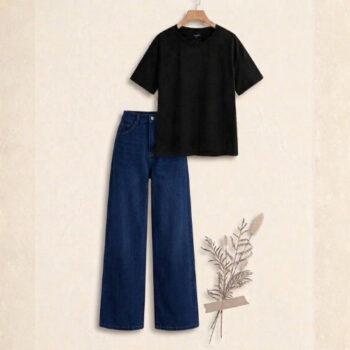 "Soft black  & Crisp nave blue : The Ultimate Wide-Leg Denim Set"