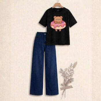 "Soft black doent panda printed  & Crisp nave blue : The Ultimate Wide-Leg Denim Set"