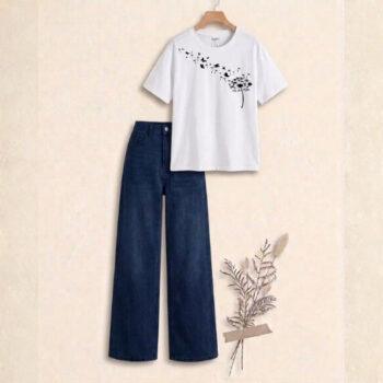 "Soft white flower neck  printed  & Crisp nave blue : The Ultimate Wide-Leg Denim Set"