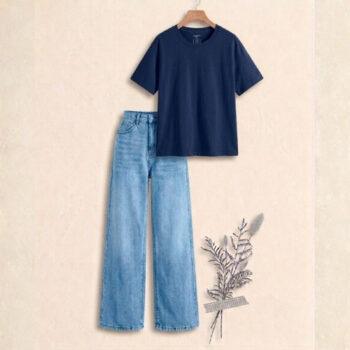 "Soft nave blue   & Crisp sky blue : The Ultimate Wide-Leg Denim Set"