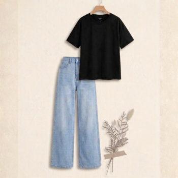"Soft black  & Crisp sky blue : The Ultimate Wide-Leg Denim Set"