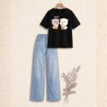 "Soft black boba printed  & Crisp Sky blue : The Ultimate Wide-Leg Denim Set"