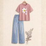 "Soft pink white flower printed  & Crisp Sky blue : The Ultimate Wide-Leg Denim Set"
