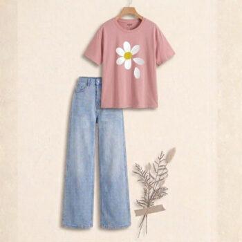 "Soft pink white flower printed  & Crisp Sky blue : The Ultimate Wide-Leg Denim Set"