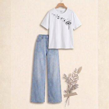 "Soft white flower neck  printed  & Crisp Sky blue : The Ultimate Wide-Leg Denim Set"